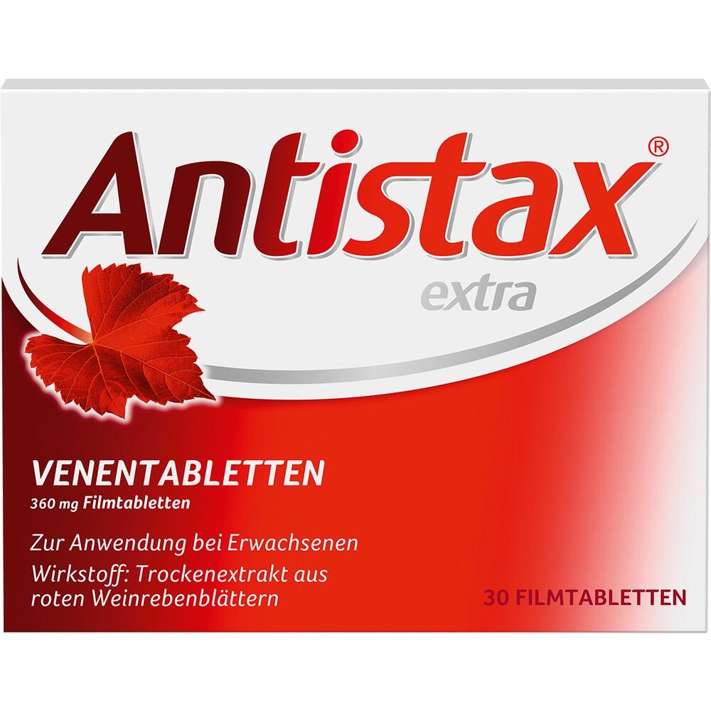 Verpackung von Venen-Tabletten mit rotem Weinblatt und der Aufschrift "Antistax extra".