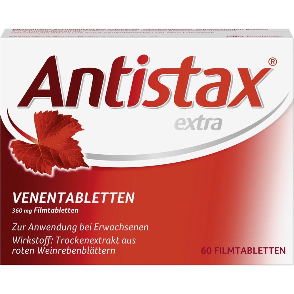 Rote Antistax-Verpackung mit Venentabletten für Erwachsene aus Weinrebenblättern.