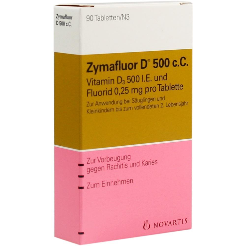 Verpackung von ZYMAFLUOR Vitamin-D3-Tabletten zur Vorbeugung von Rachitis und Karies.