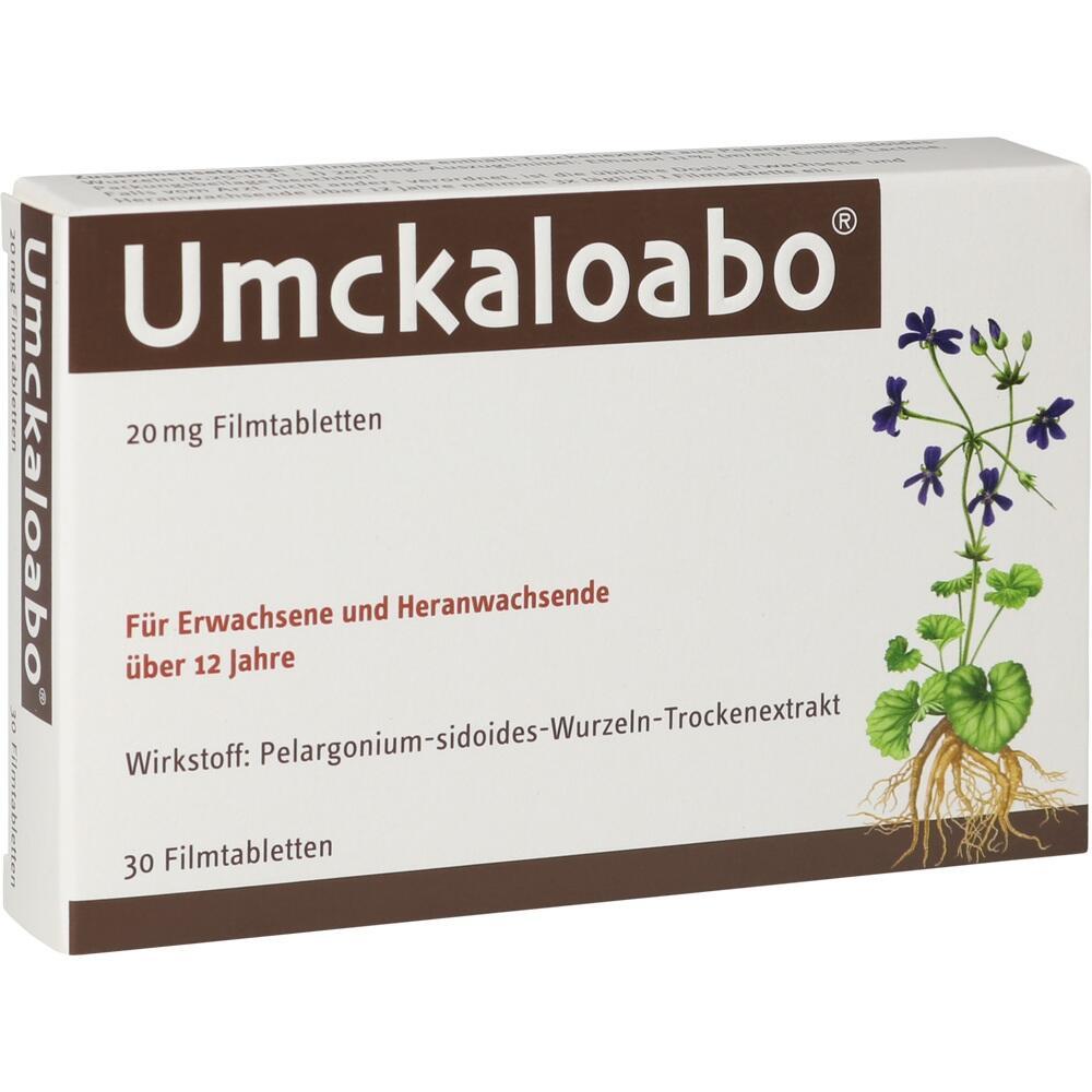 Eine Umckaloabo-Packung mit 20 mg Filmtabletten für Personen über 12 Jahre.