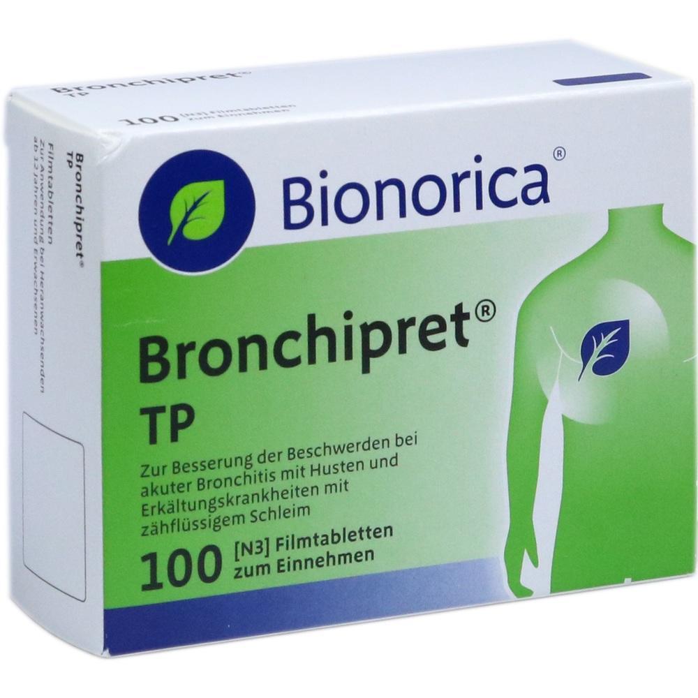 Eine grüne Medikamentenverpackung mit der Aufschrift "Bronchipret TP".