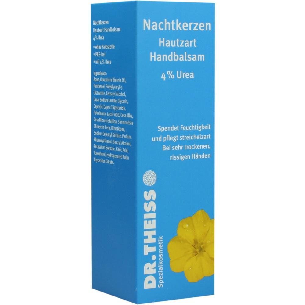 Blaue Verpackung von Handbalsam mit gelber Blume und Text über Hautpflege.