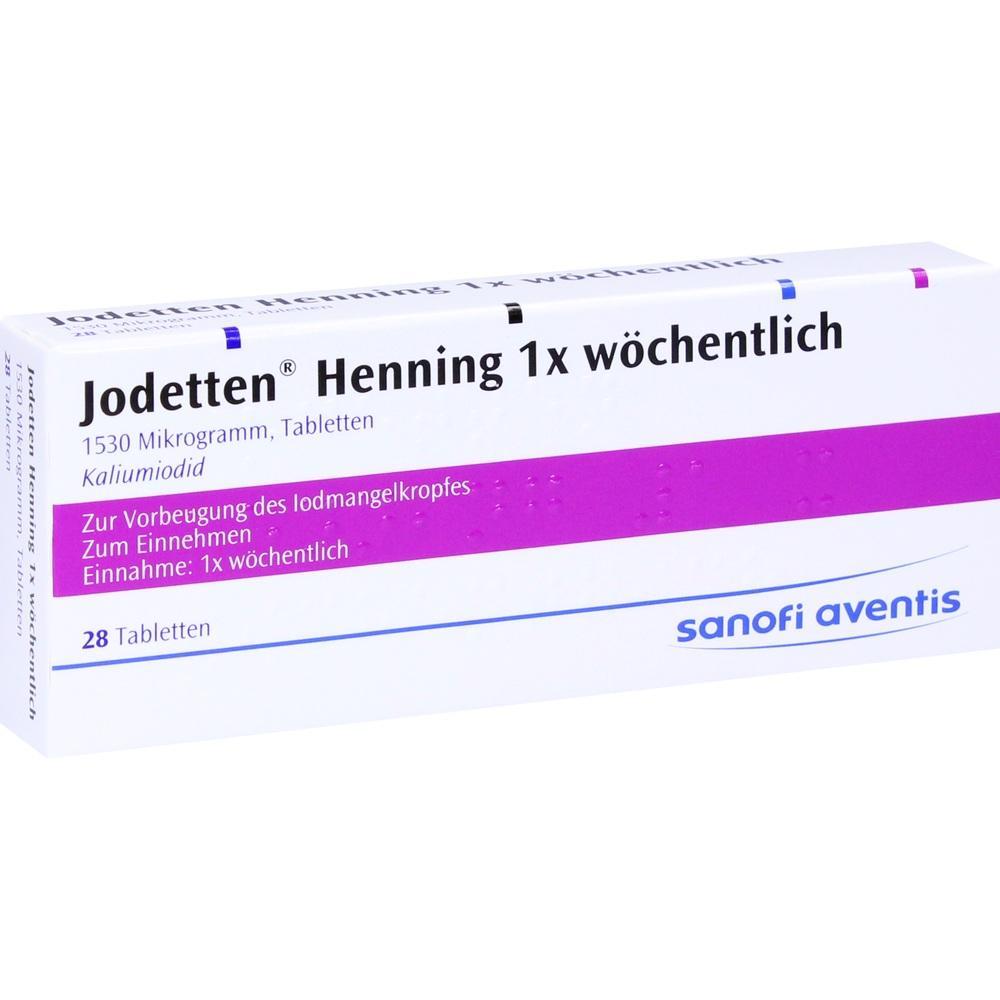 Weiße Medikamentenverpackung für wöchentliche Einnahme von Jodtabletten zur Vorbeugung.