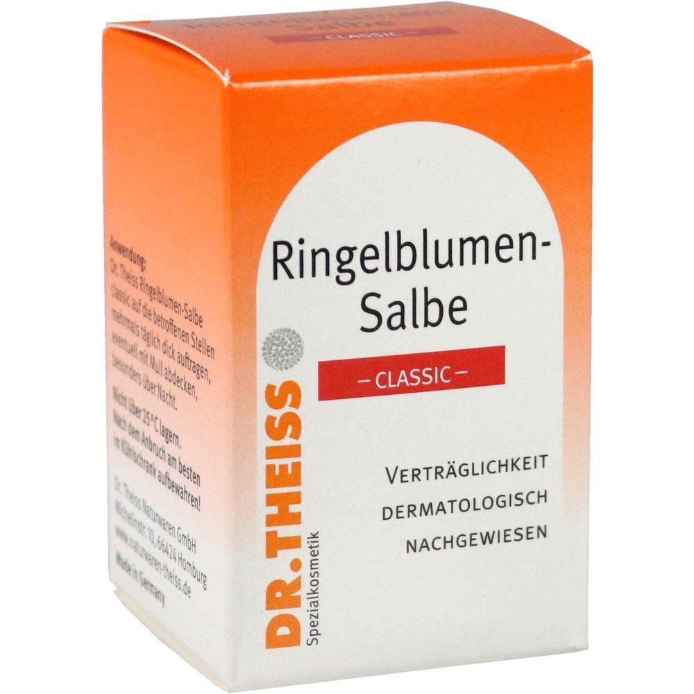 Rote und weiße Verpackung einer Ringelblumen-Salbe von Dr. Theiss.