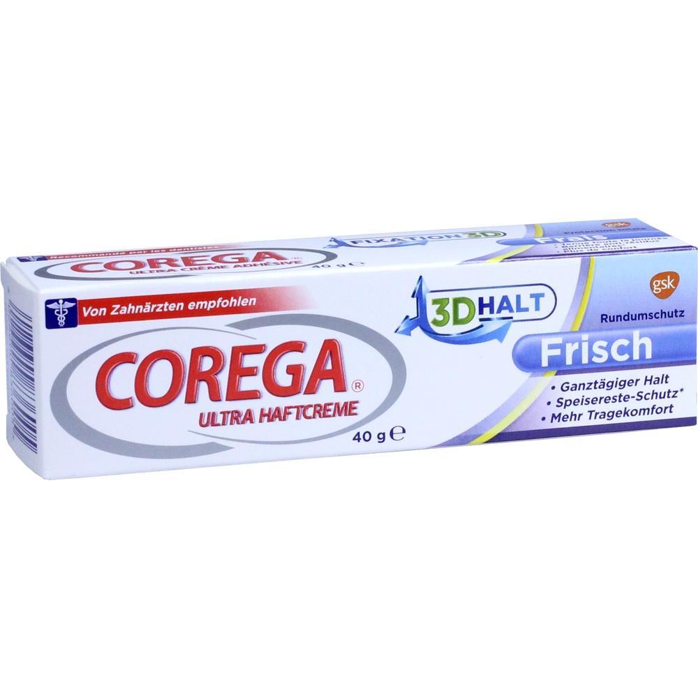 Eine Packung Corega Ultra Haftcreme für Zahnprothesen.