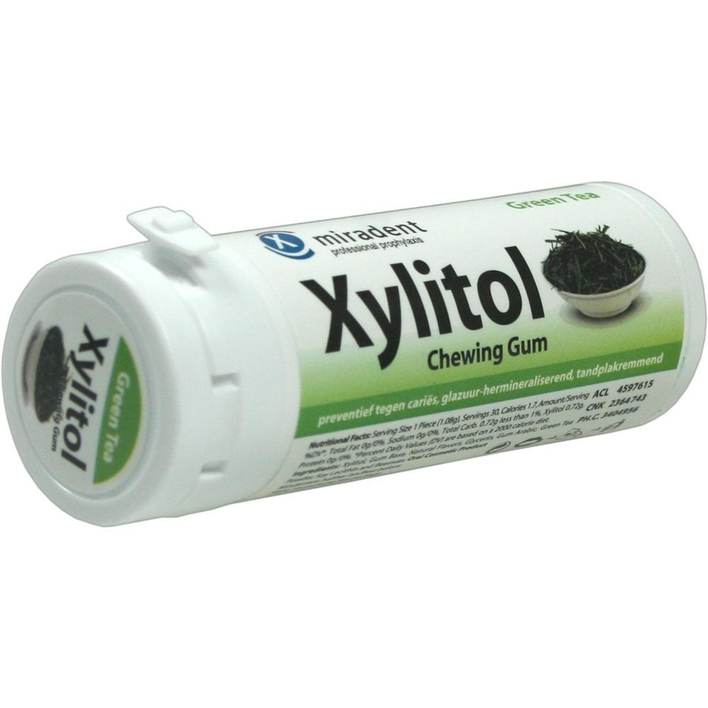 Weiße Dose mit Xylitol-Kaugummi, Geschmacksrichtung Grüner Tee.