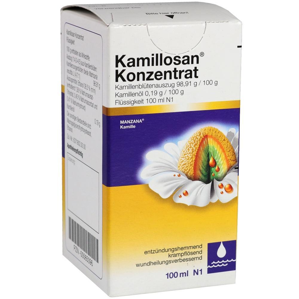 Weiße Verpackung von Kamillosan Konzentrat mit Kamilleblüte und Regenbogenmotiv.