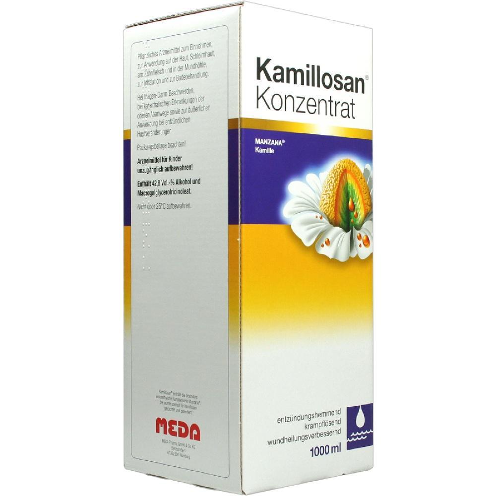 Eine große, gelbe Packung von Kamillosan-Konzentrat mit einer Kamille darauf.