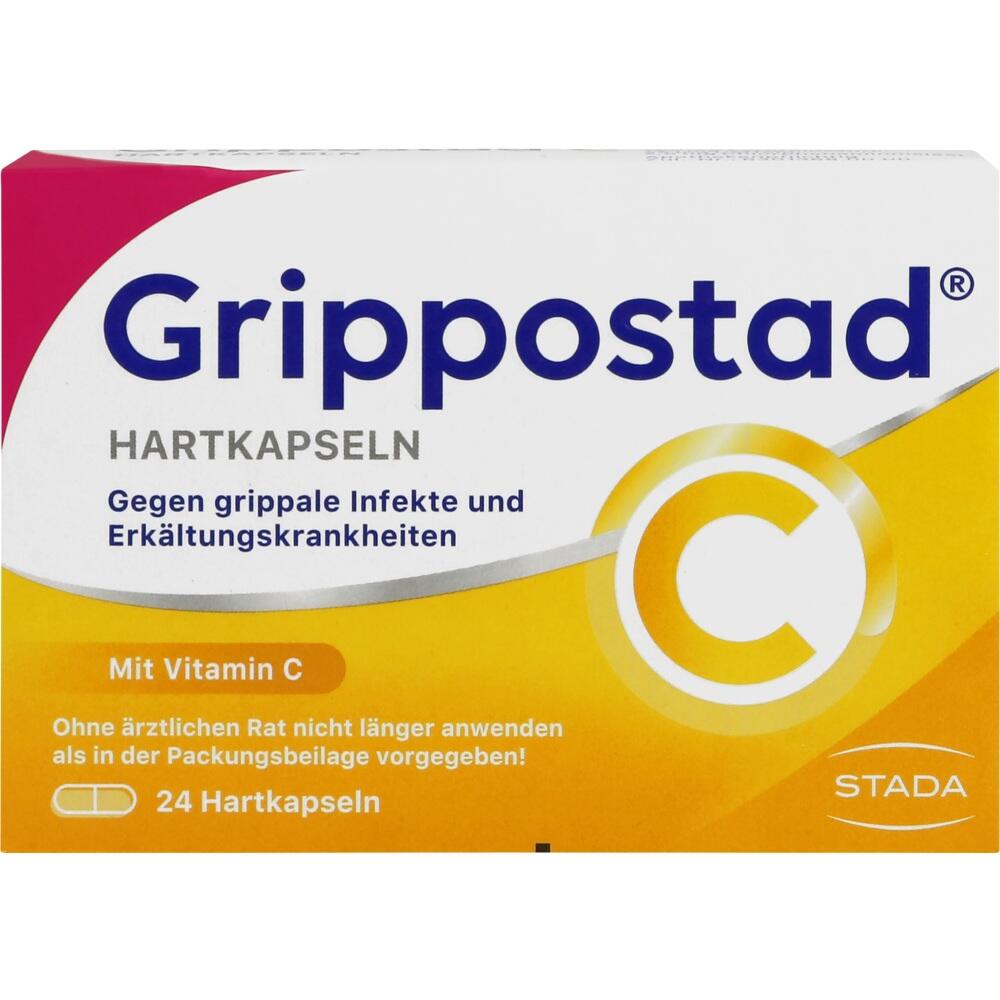 Packung mit Erkältungskapseln und Vitamin C gegen grippale Infekte, 24 Stück.