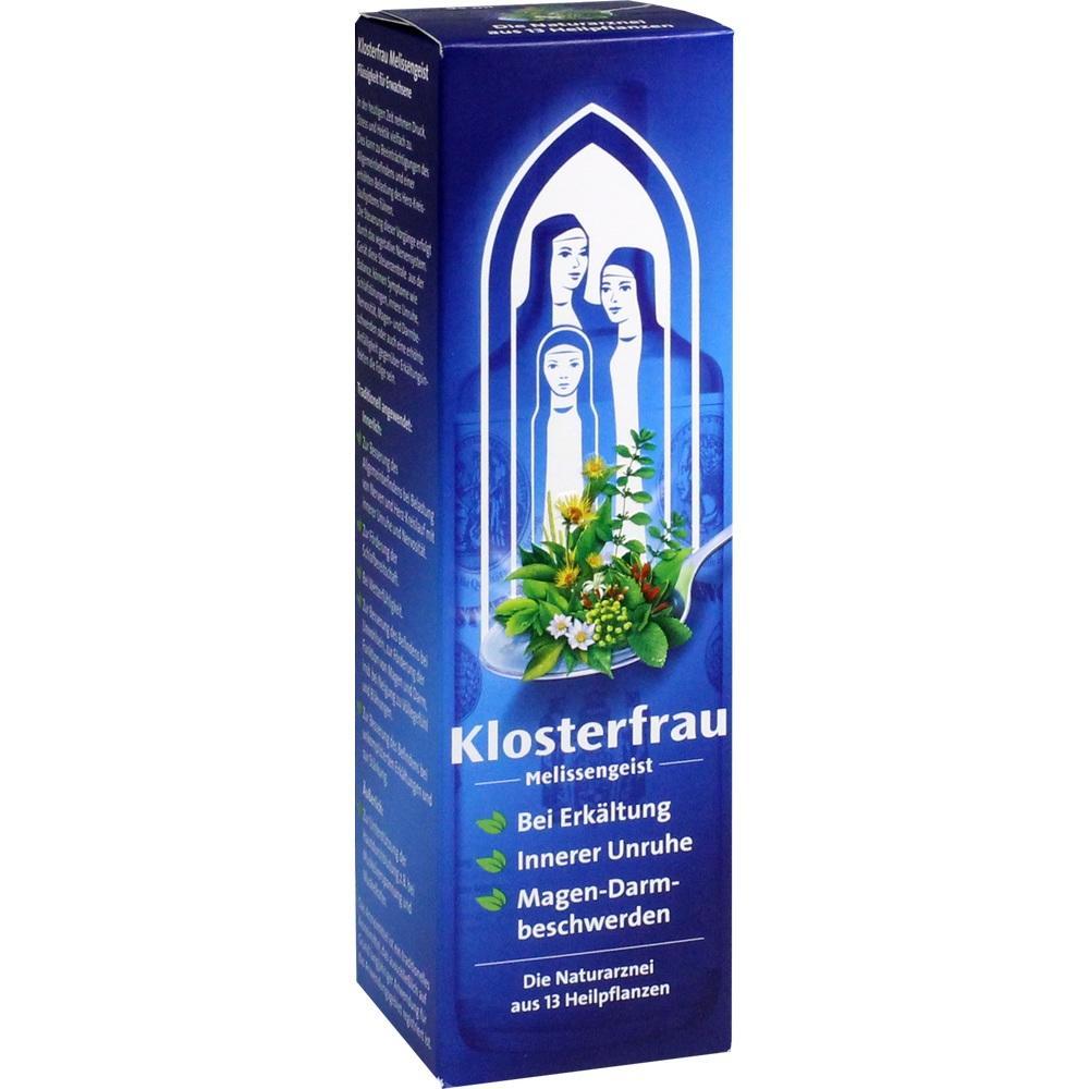 Blaue Verpackung von Klosterfrau Melissengeist mit Heilpflanzen und Illustrationen von Nonnen.