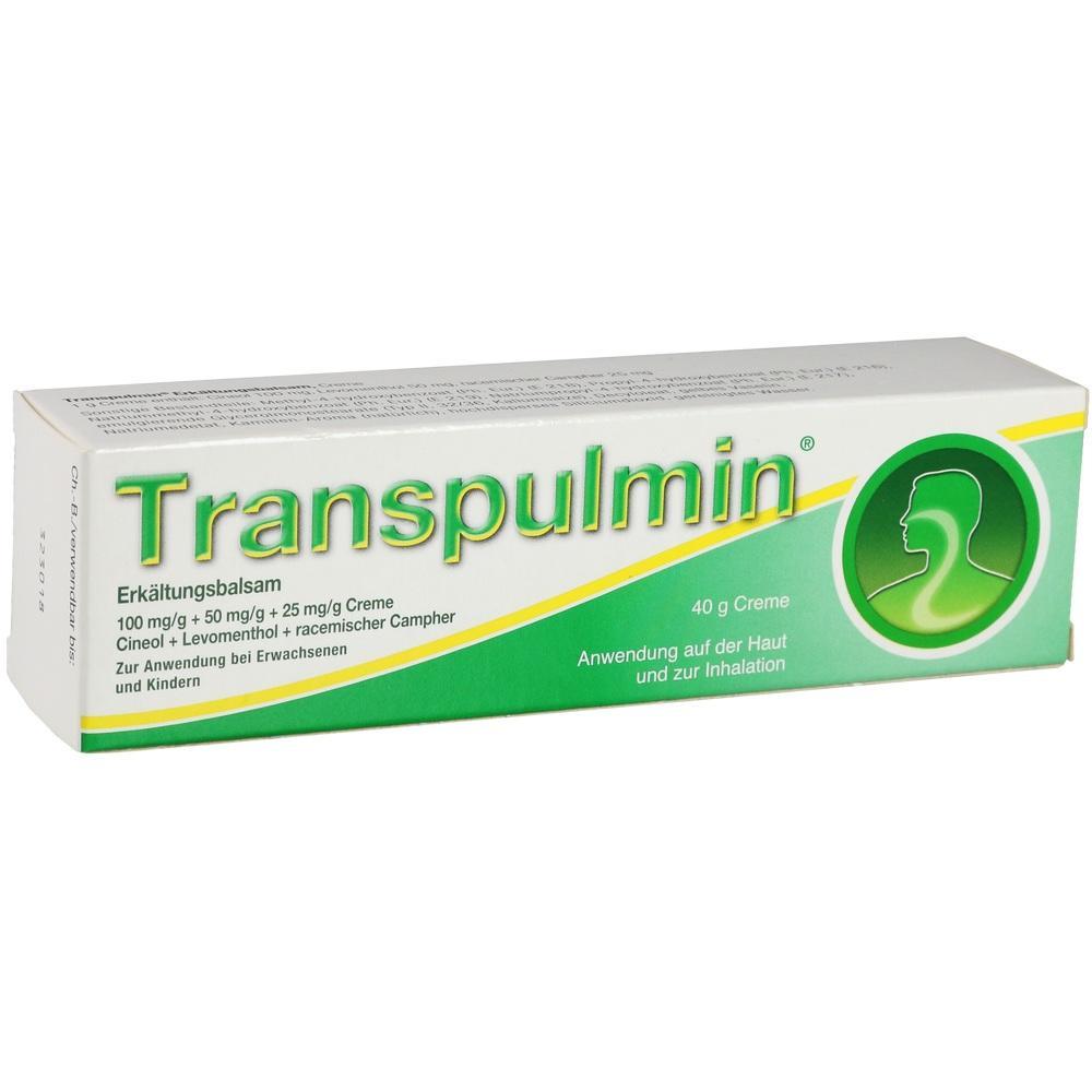 Eine weiße Packung Transpulmin Erkältungsbalsam mit grünem Logo vorne.