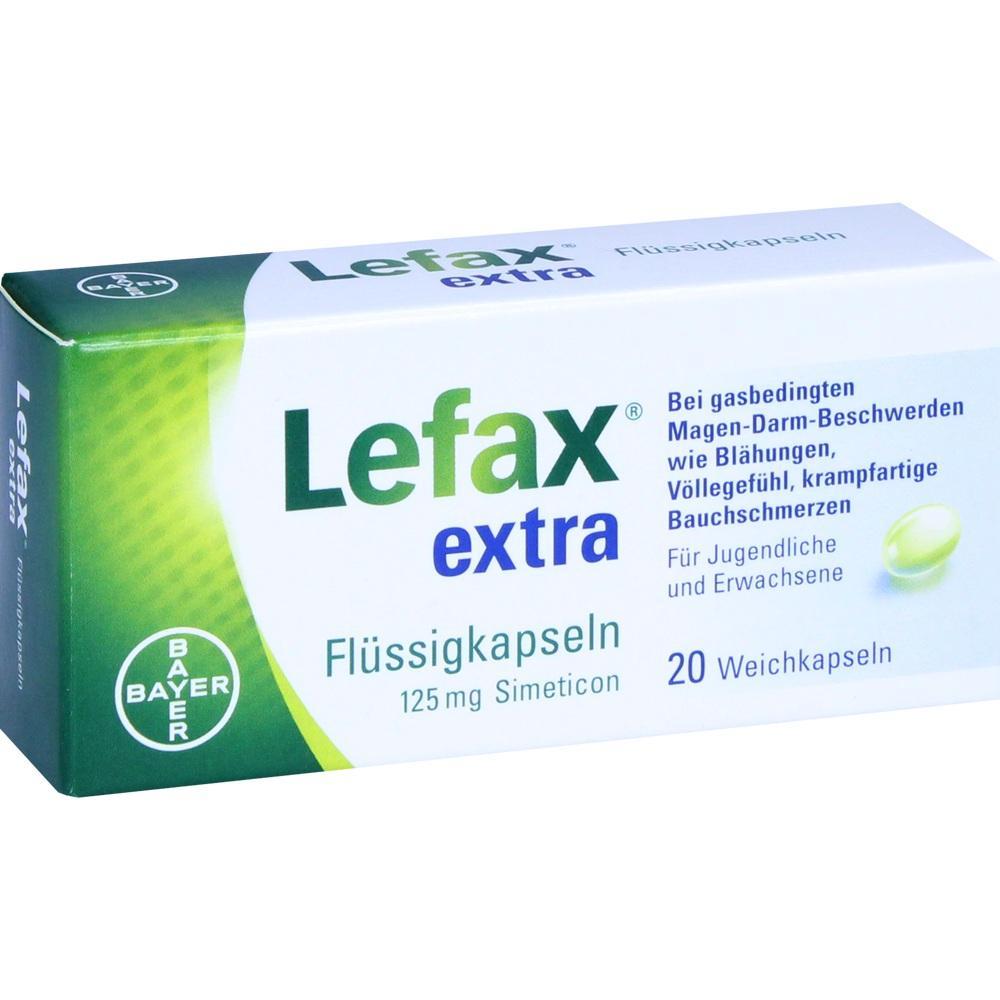 Verpackung von Lefax extra Flüssigkapseln gegen Magen-Darm-Beschwerden, 20 Weichkapseln.