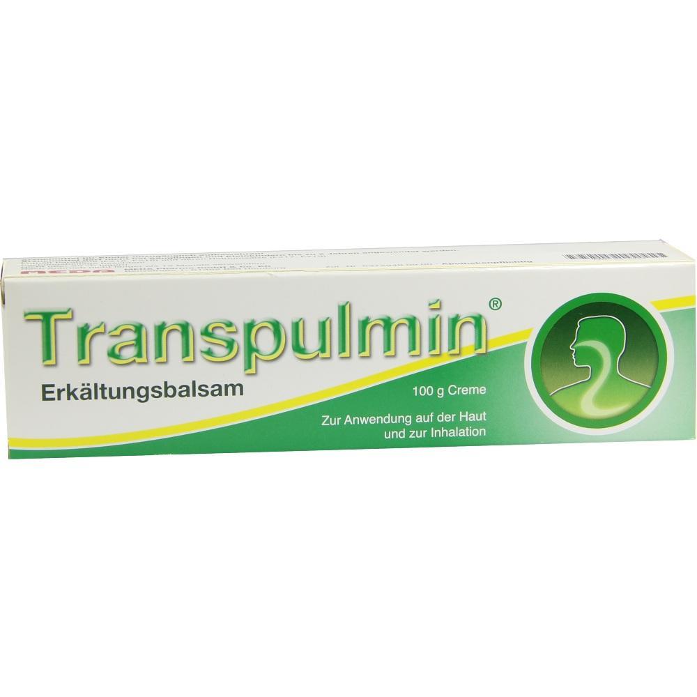 Weiße Verpackung mit grünem Schriftzug "Transpulmin Erkältungsbalsam".