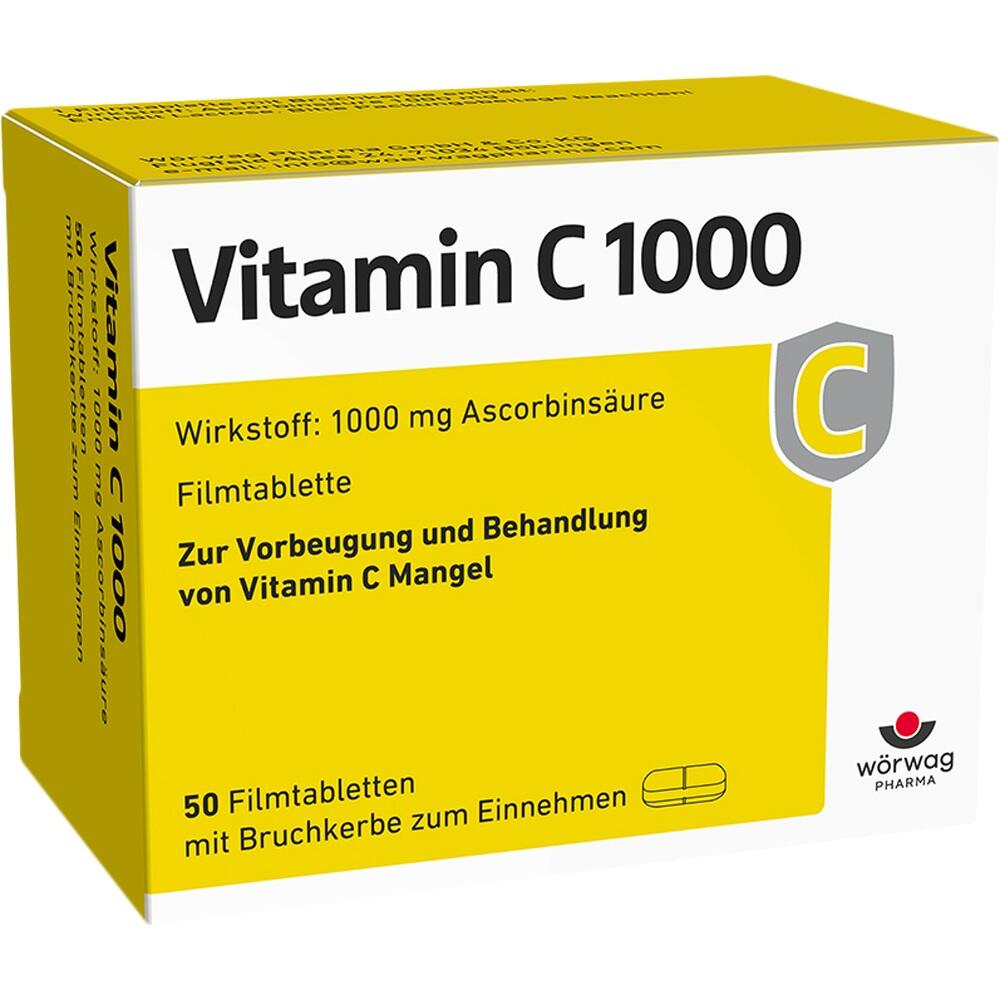 Gelbe Verpackung mit Vitamin C 1000 Tabletten zur Behandlung von Vitamin C Mangel.