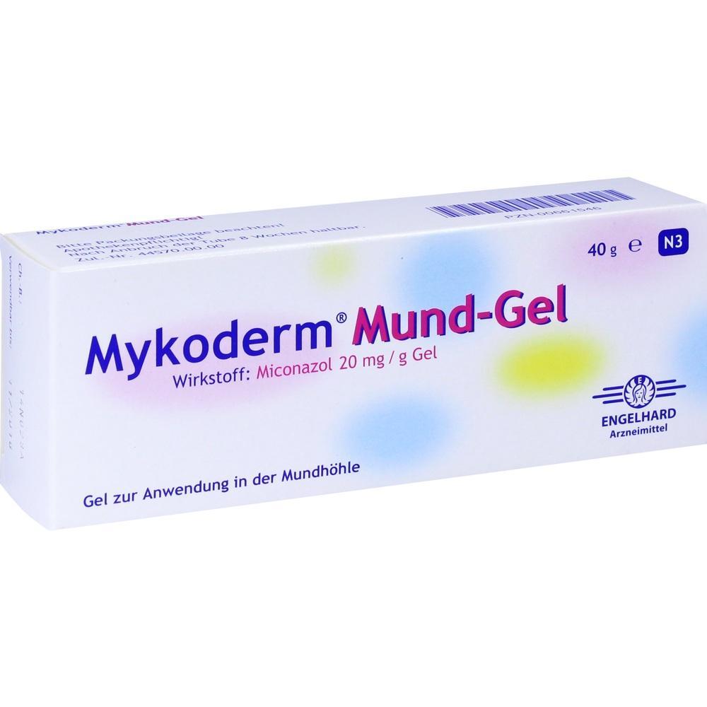 Weiße Packung mit der Aufschrift "Mykoderm Mund-Gel" und Miconazol als Wirkstoff.
