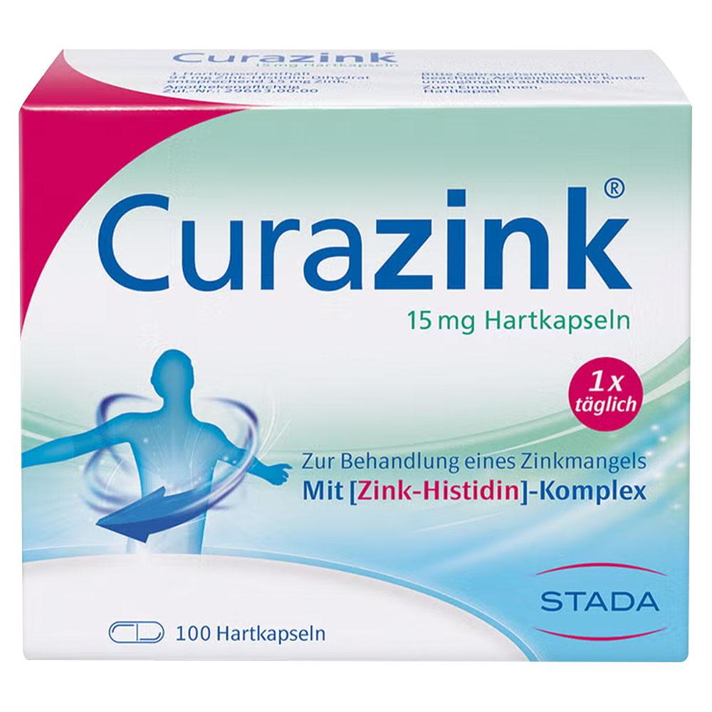 Eine Verpackung von Curazink Kapseln zur Behandlung von Zinkmangel.