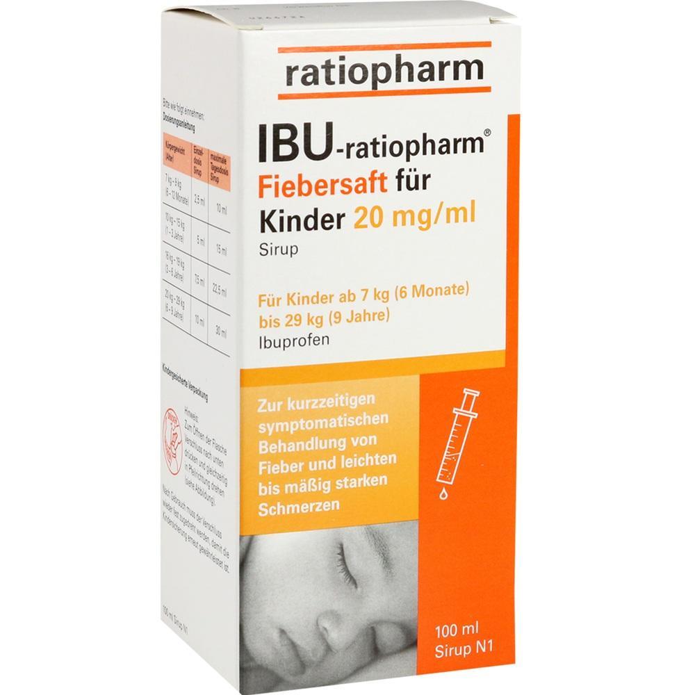 Packung mit Fieber- und Schmerzsaft für Kinder, Marke Ratiopharm.