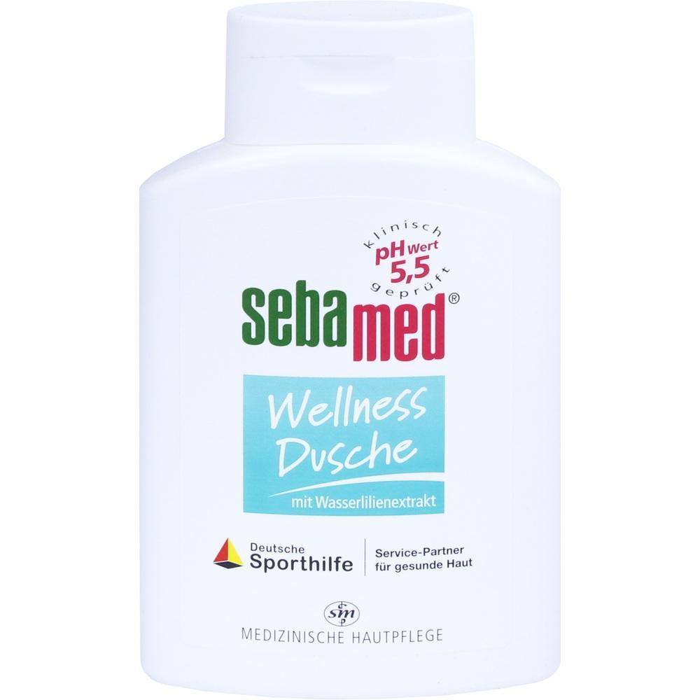 Eine weiße Flasche mit der Aufschrift "sebamed Wellness Dusche".