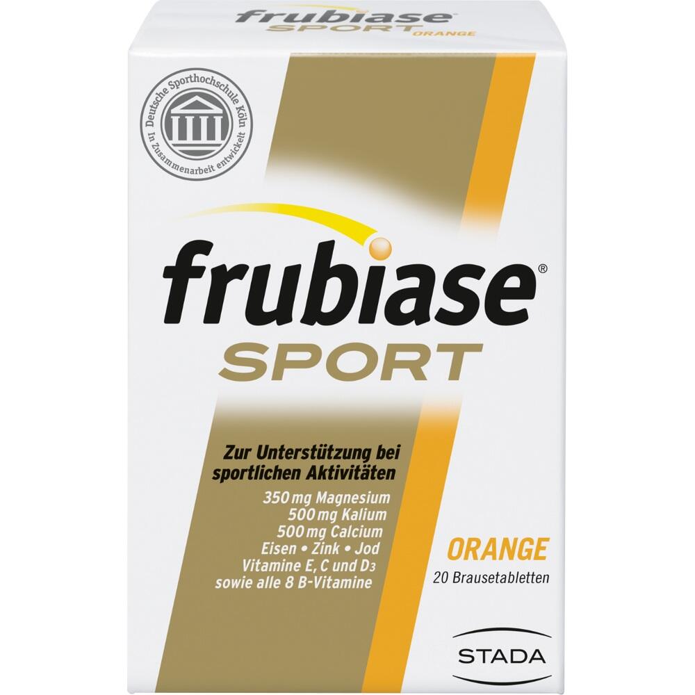 Weiße Verpackung mit der Aufschrift "frubiase SPORT" und Details zur Unterstützung sportlicher Aktivitäten.