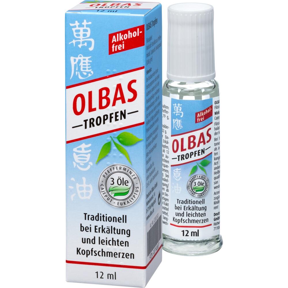 Eine blaue Verpackung und Flasche mit der Aufschrift „Olbas Tropfen“.
