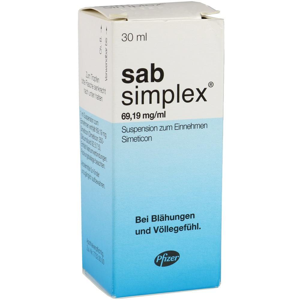 Weiße und blaue Verpackung von Sab Simplex gegen Blähungen.