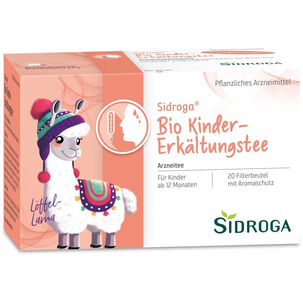 Auf der Schachtel ist ein buntes Lama für Sidroga Bio Kinder-Erkältungstee abgebildet.