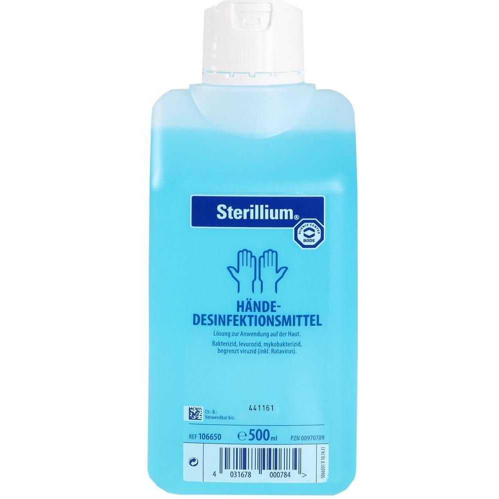 Eine blaue Flasche mit Händedesinfektionsmittel.