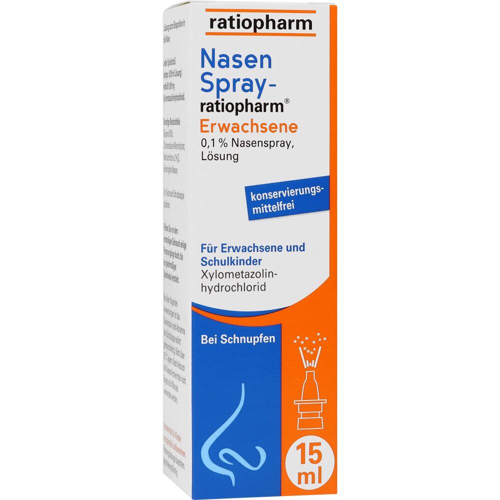 Eine Packung Nasenspray für Erwachsene von ratiopharm gegen Schnupfen.