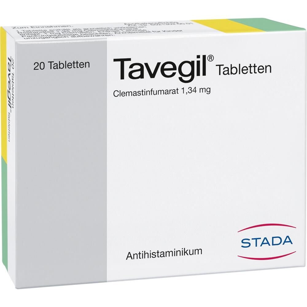 Eine Packung Tavegil Tabletten mit 20 Stück und dem Wirkstoff Clemastinfumarat.