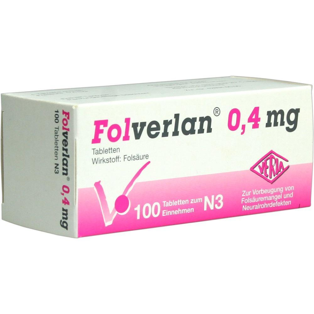 Weiße und rosa Tablettenschachtel mit der Aufschrift "Folferlan 0,4 mg".