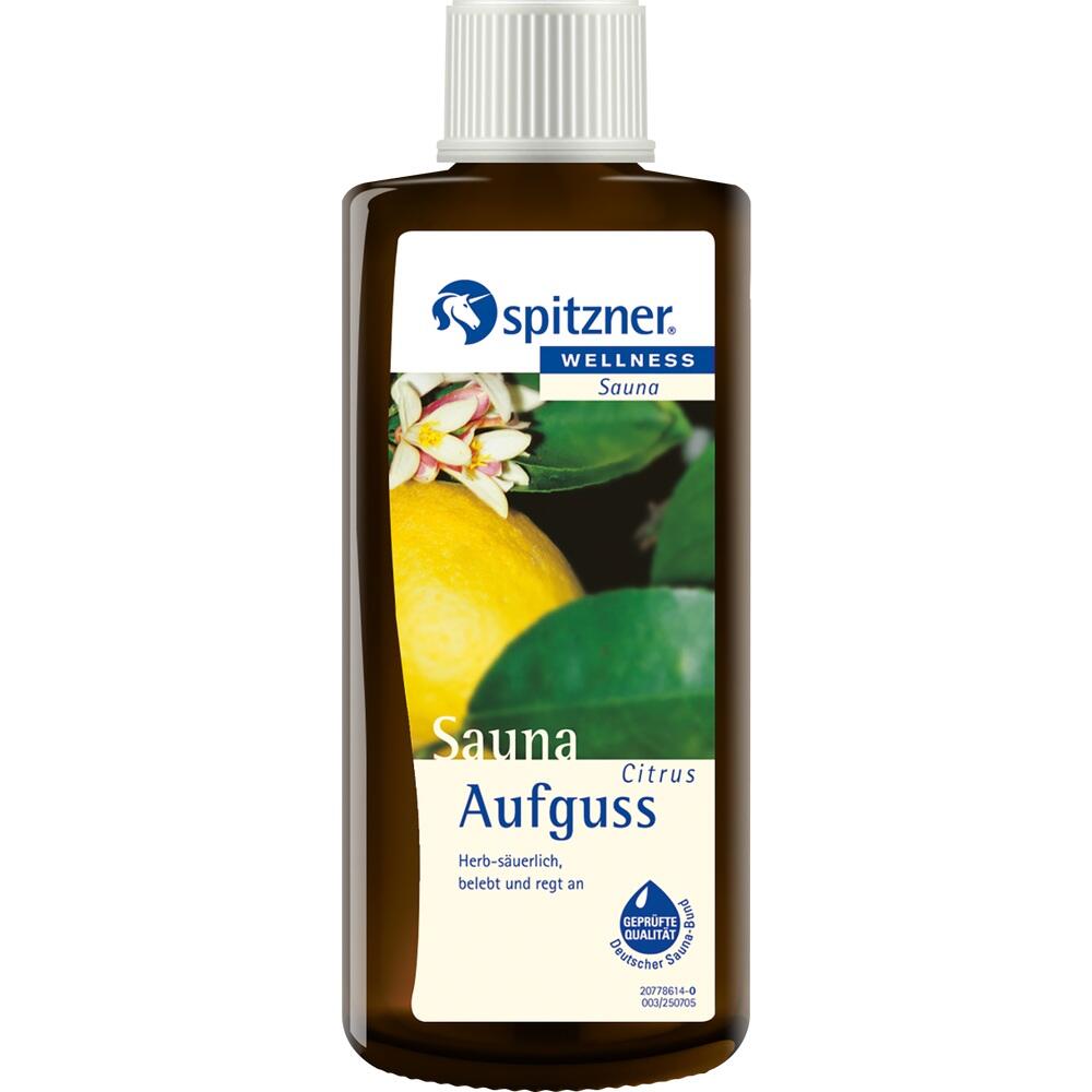 Braune Flasche mit einem Etikett für Zitronen-Sauna-Aufguss.