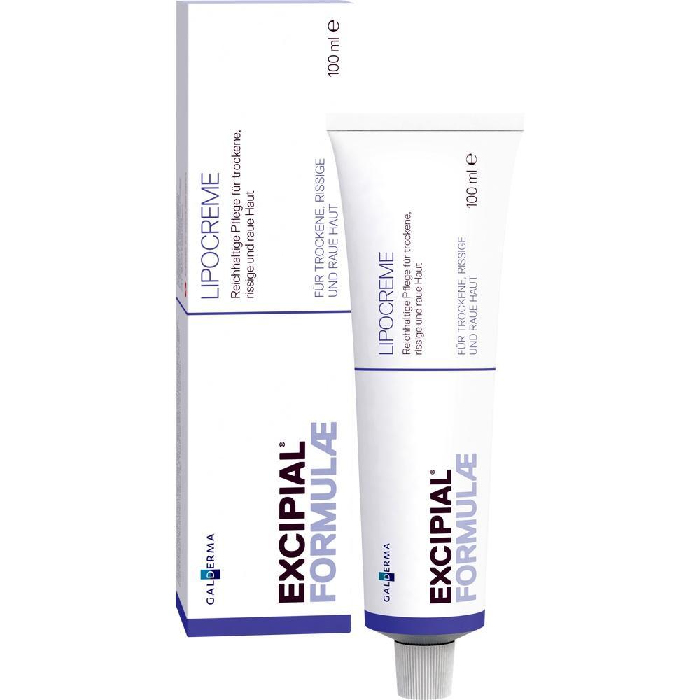 Weiße Tube mit der Aufschrift "Excipial" und "Lipocreme" gegen trockene Haut.