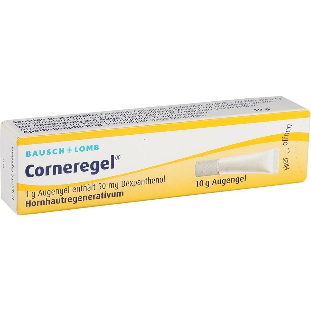 Gelbe und weiße Verpackung von Augengel Cornegel mit Dexpanthenol.
