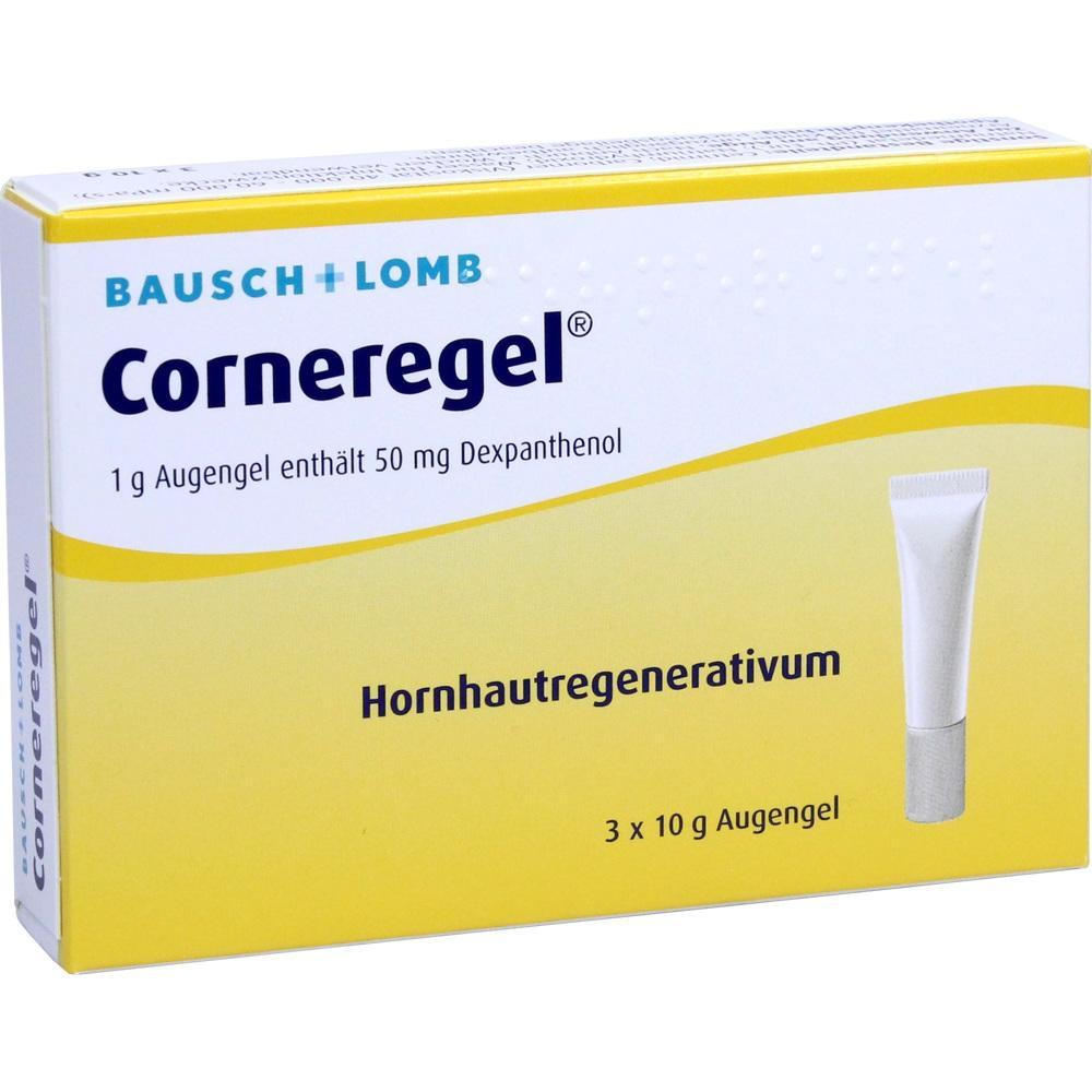 Eine gelbe Packung mit Augengel namens Corneregel.
