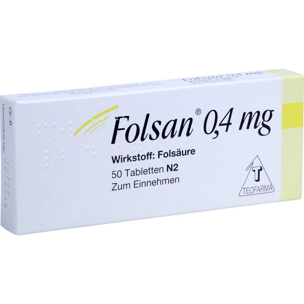 Eine Packung mit 50 Folsan-Tabletten, enthalten Folsäure.