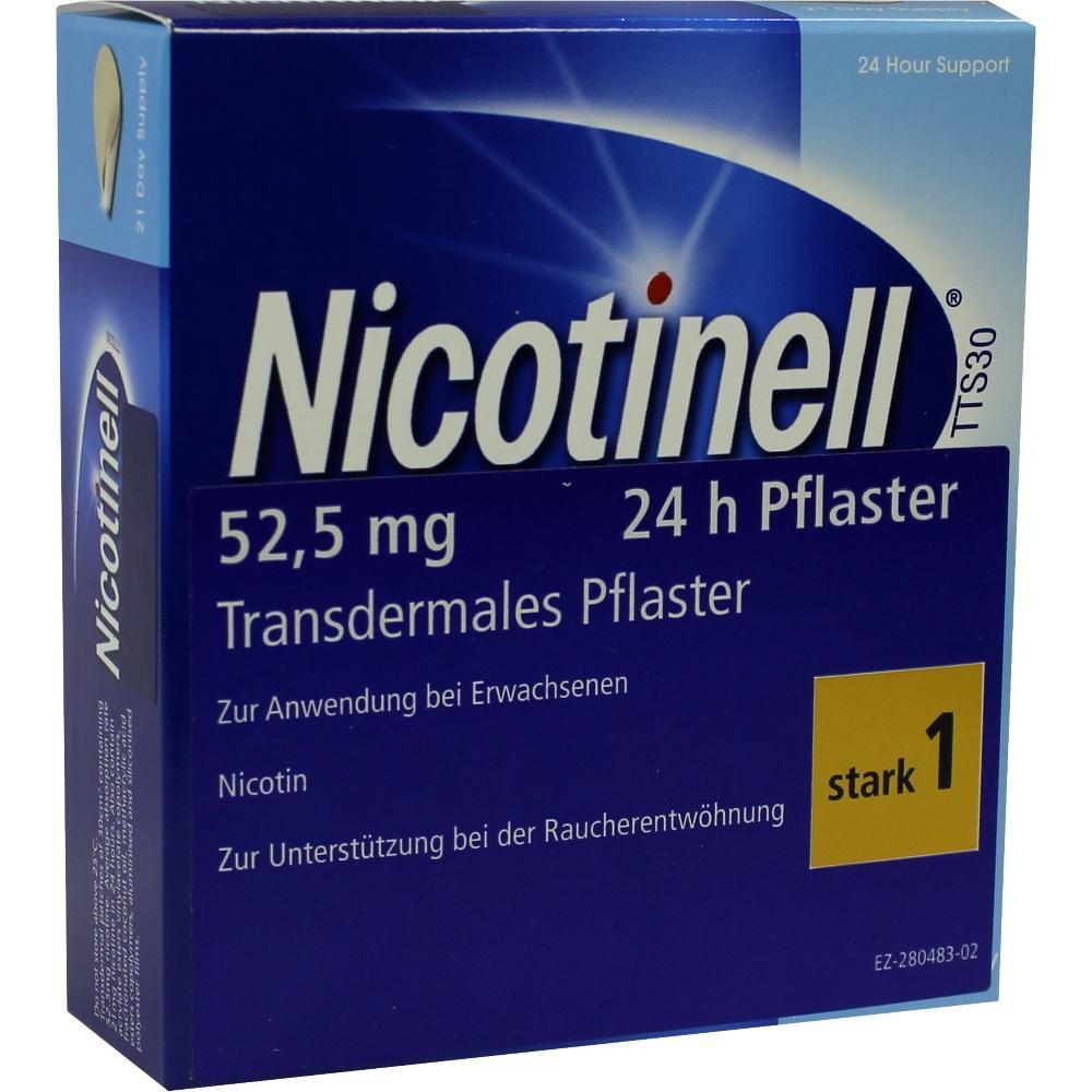 Blaue Verpackung von Nicotinell-Pflastern zur Raucherentwöhnung für Erwachsene.