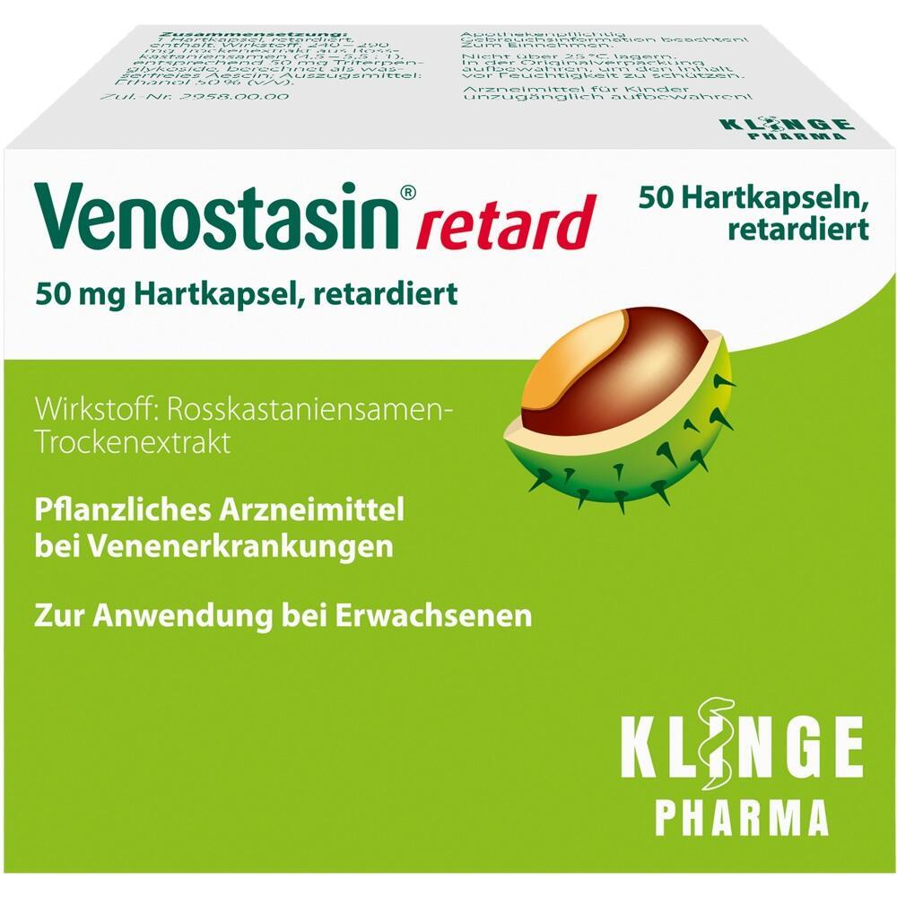 Verpackung von Venostasin retard, ein pflanzliches Medikament für Erwachsene mit Venenerkrankungen.