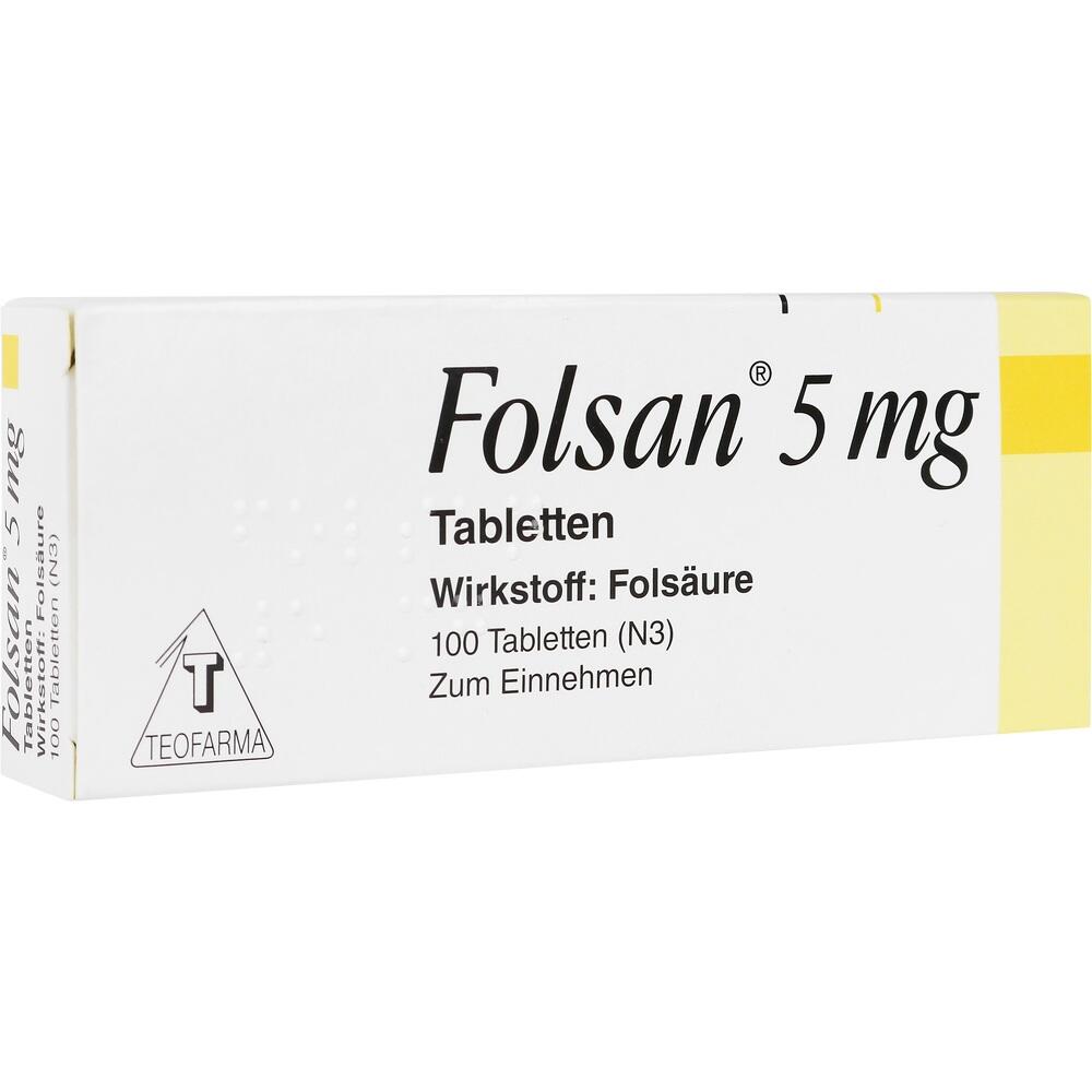 Verpackung der Tabletten "Folsan 5 mg" mit Wirkstoff Folsäure, 100 Stück.