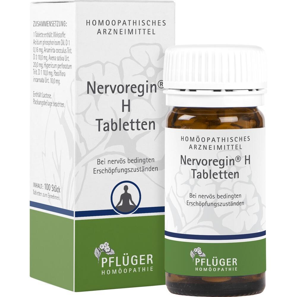 Braunglasflasche und Verpackung von homöopathischen Nervoregin H Tabletten.