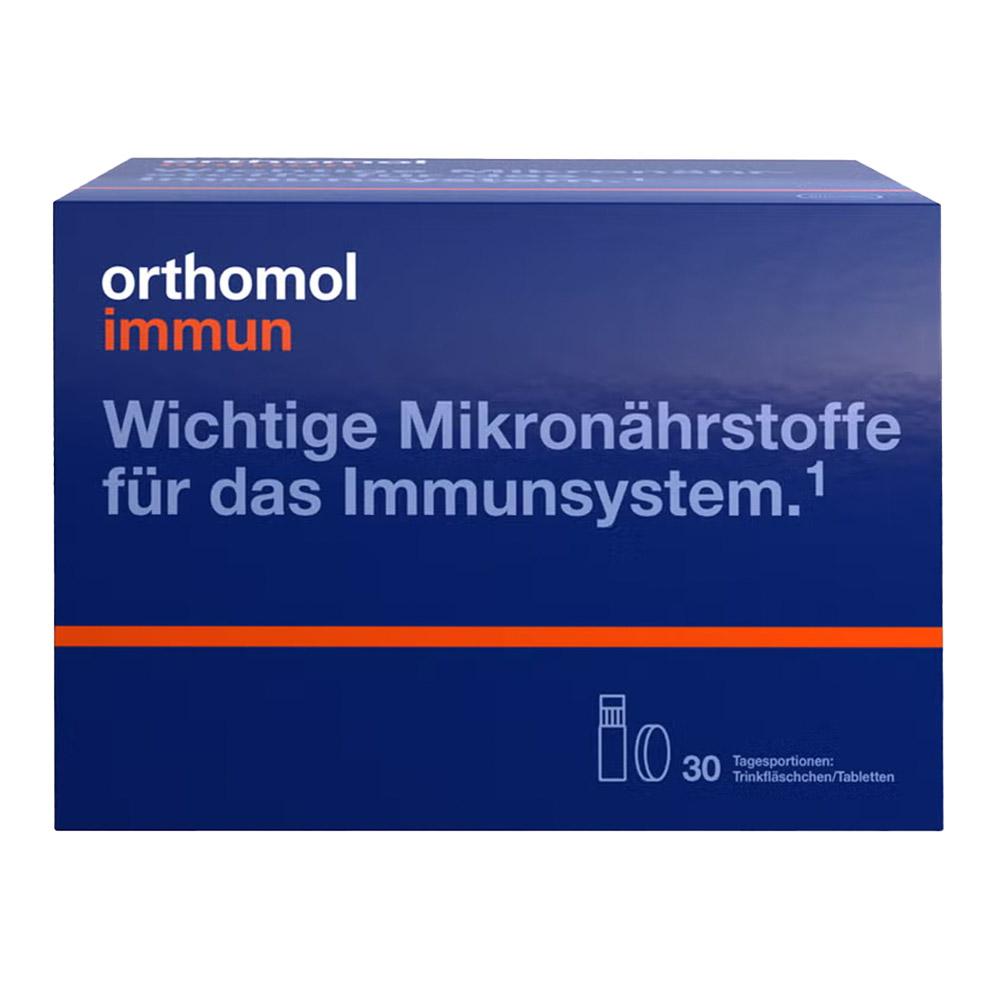Blaue Verpackung von "Orthomol Immun" mit der Aufschrift "Wichtige Mikronährstoffe für das Immunsystem".