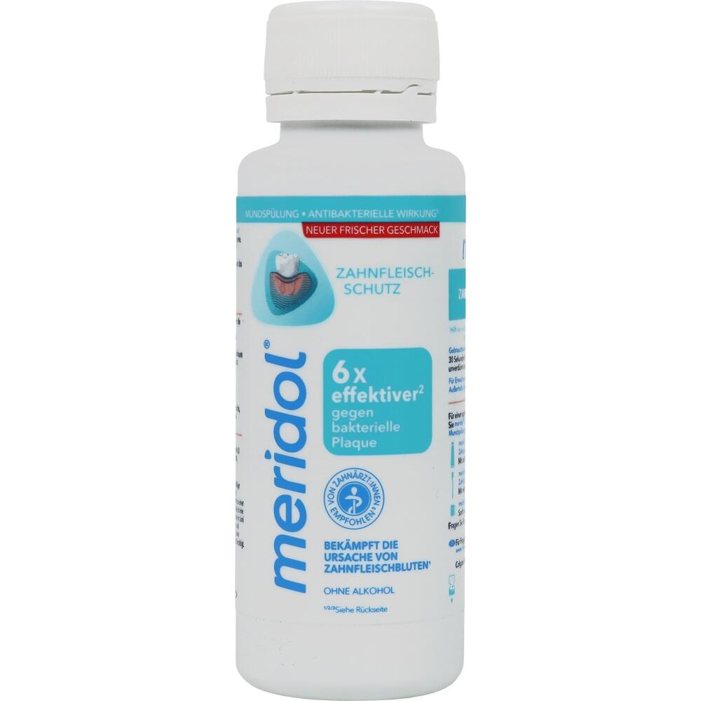Weiß-blaues Mundspülungs-Produkt mit dem Namen "meridol" gegen Zahnfleischentzündungen.