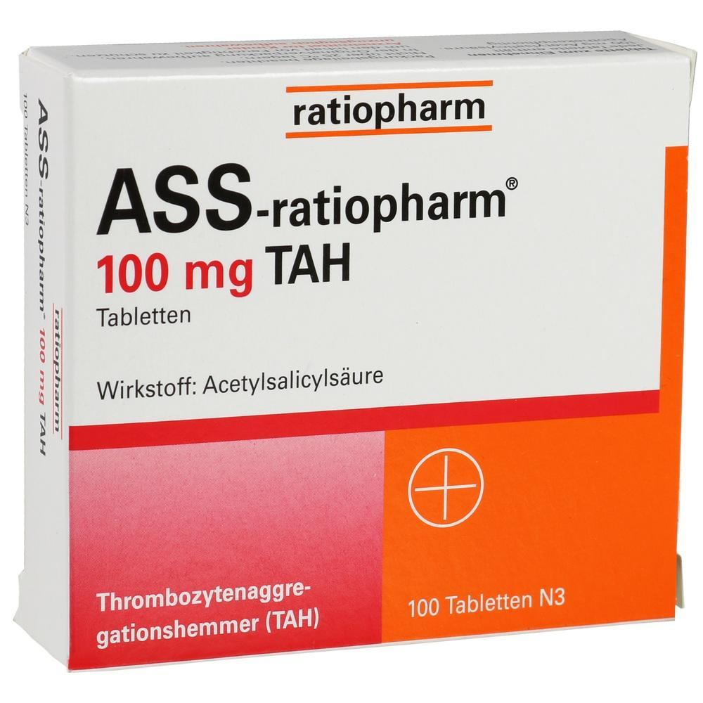 Packung mit ASS-ratiopharm 100 mg Tabletten, Wirkstoff Acetylsalicylsäure.