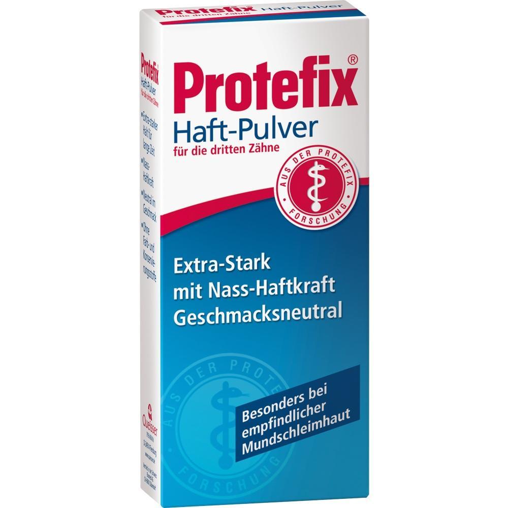 Eine Packung Protefix Haft-Pulver für die dritten Zähne.