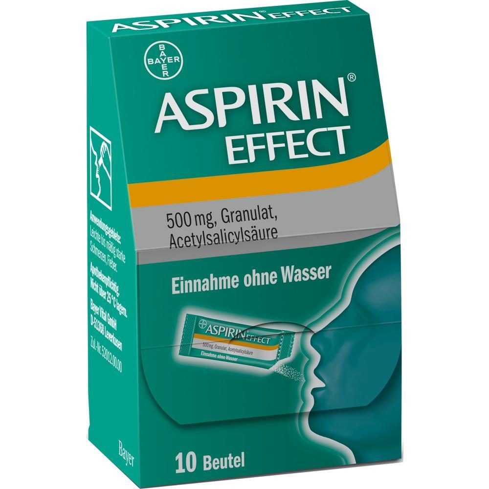 Eine grüne Packung Aspirin Effect mit 10 Beuteln zur Einnahme ohne Wasser.