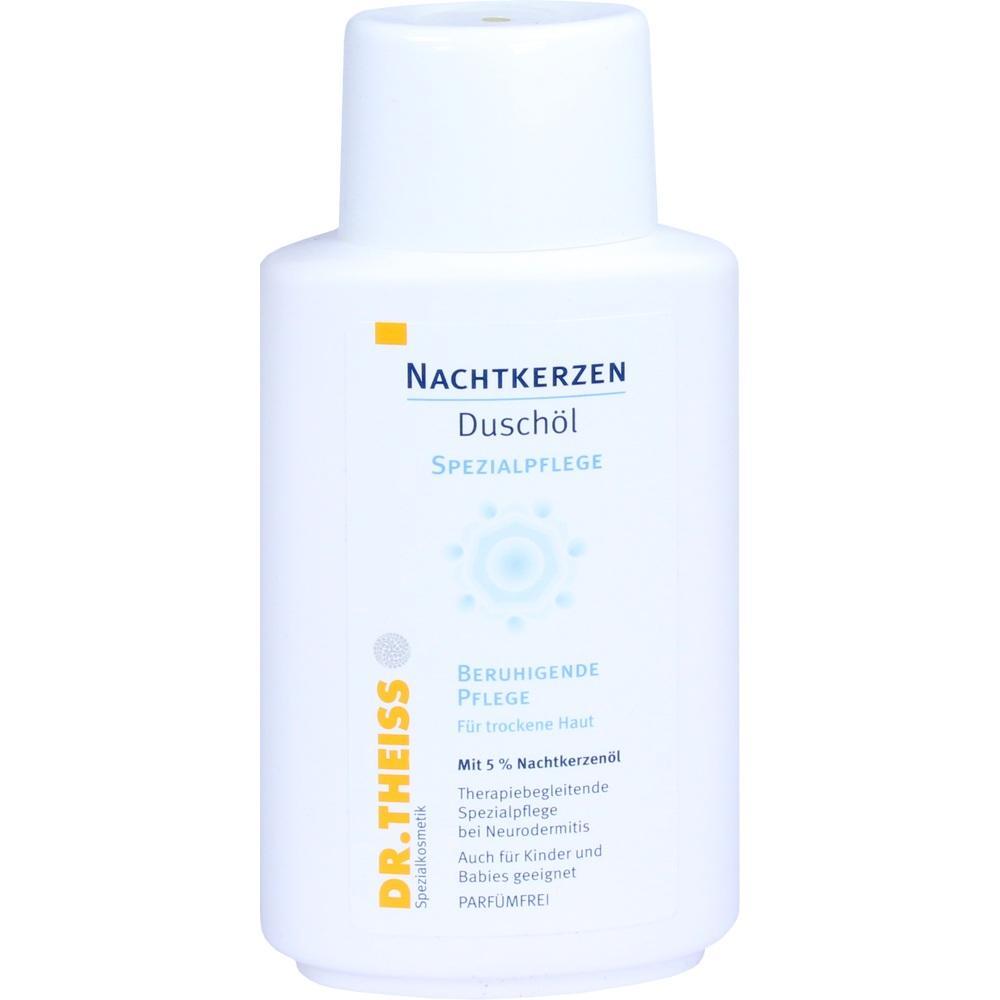 Weiße Flasche mit Nachtkerzen-Duschöl zur Pflege trockener Haut.