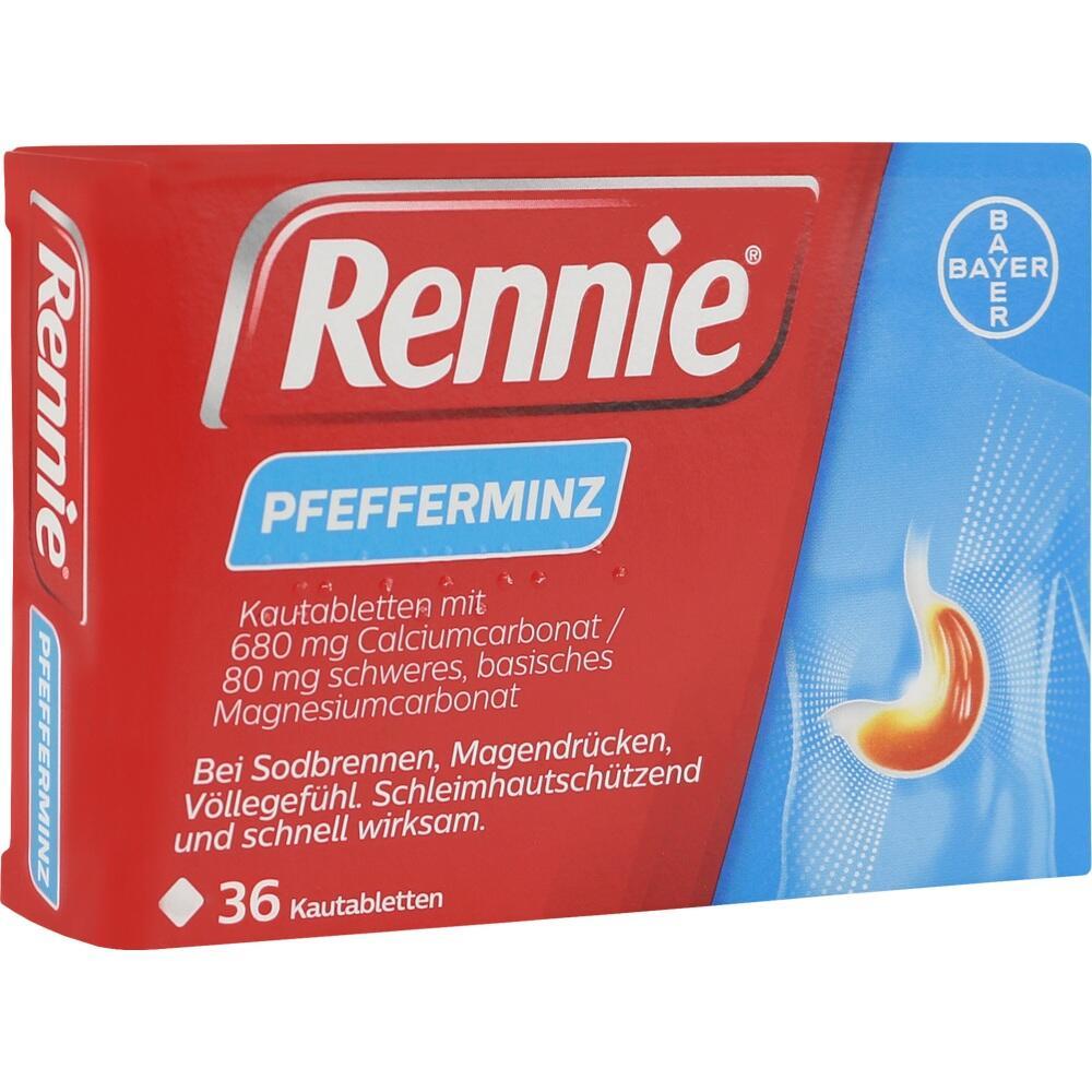 Rotes Rennie-Pfefferminz-Verpackung für Magenbeschwerden mit 36 Kautabletten.