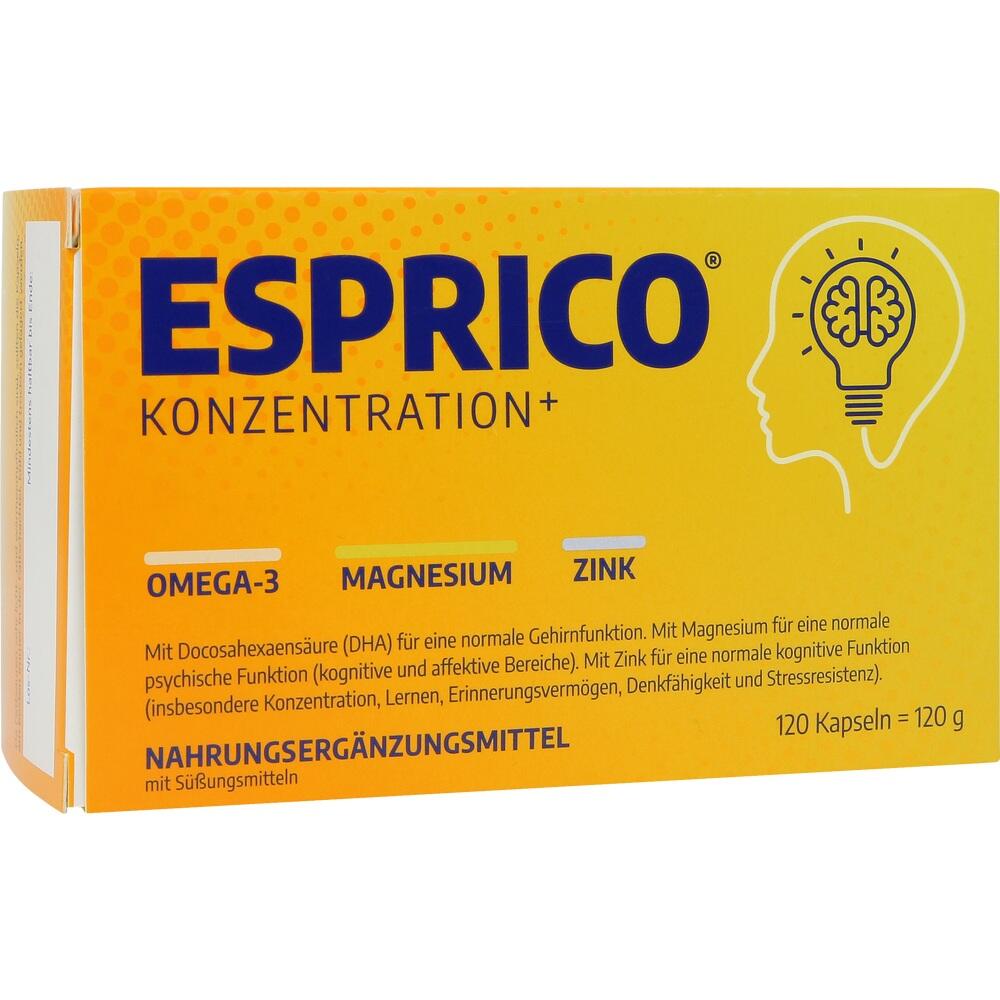 Gelbe Verpackung von Nahrungsergänzungsmittel namens Esprico mit Omega-3, Magnesium und Zink.
