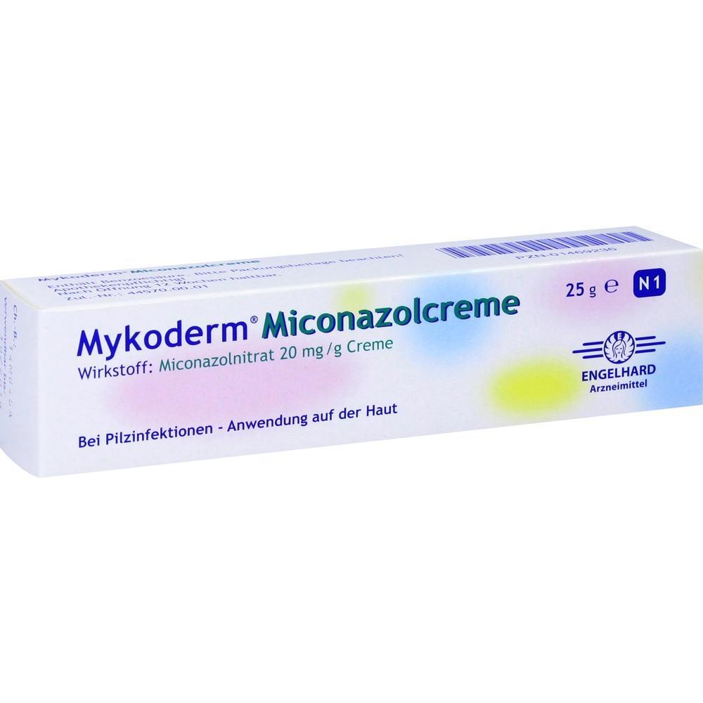 Eine weiße Tube Mykoderm Miconazolcreme zur Behandlung von Pilzinfektionen.