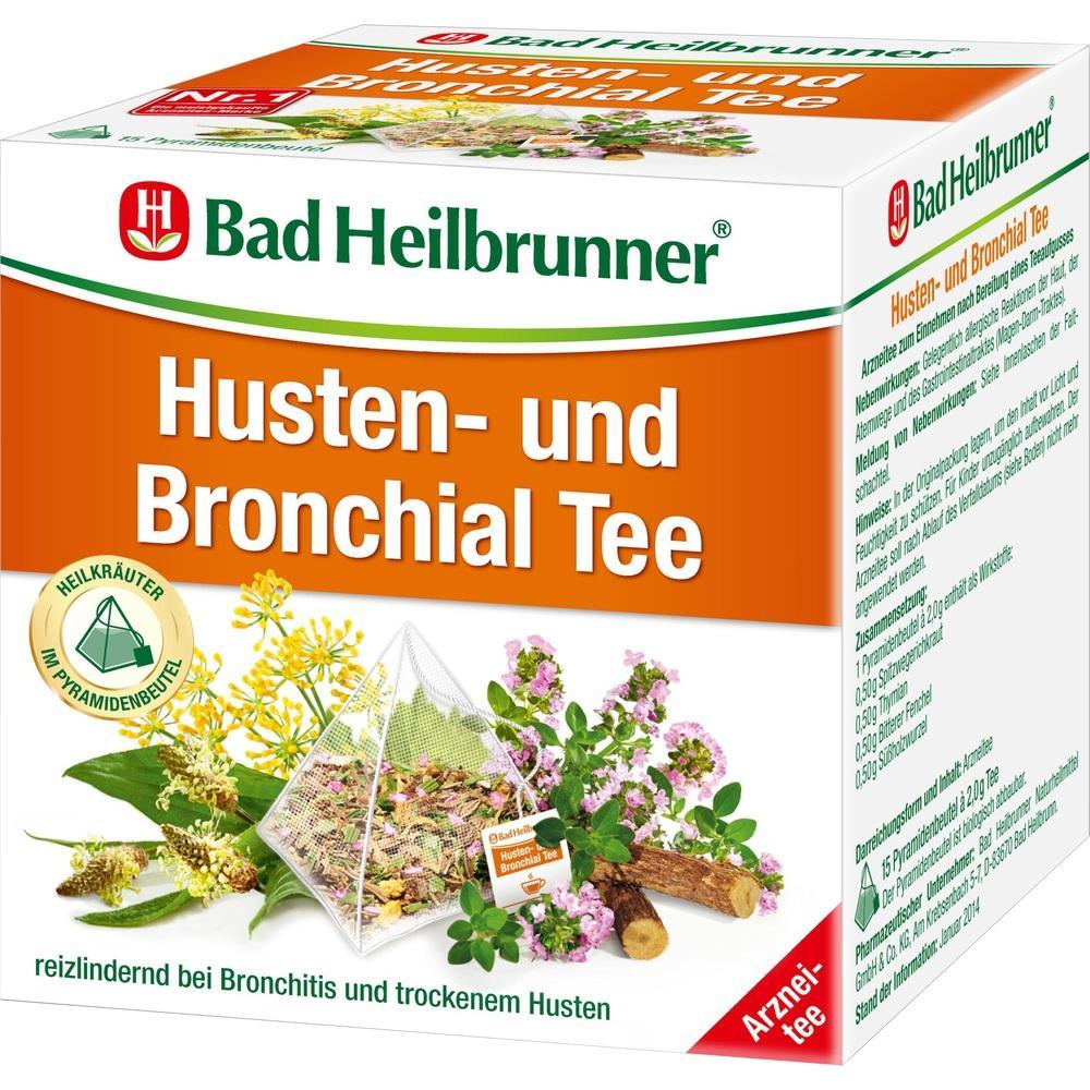 Eine Teepackung mit der Aufschrift "Husten- und Bronchial Tee" von Bad Heilbrunner.