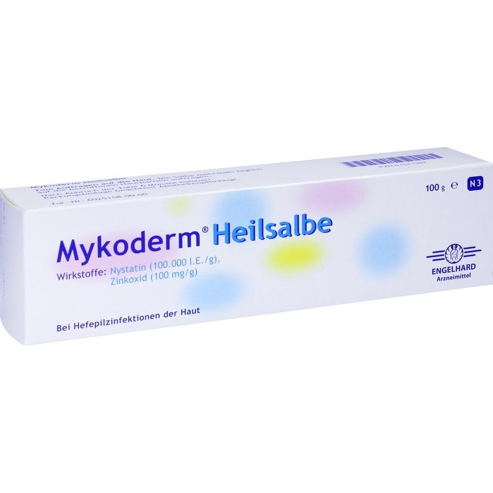 Weiße Schachtel mit der Aufschrift "Mykoderm Heilsalbe" gegen Hautinfektionen.